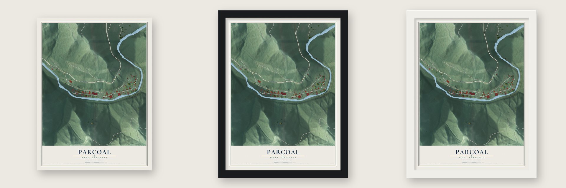 Parcoal, West Virginia map unframed, in a black wood frame and in a white wood frame