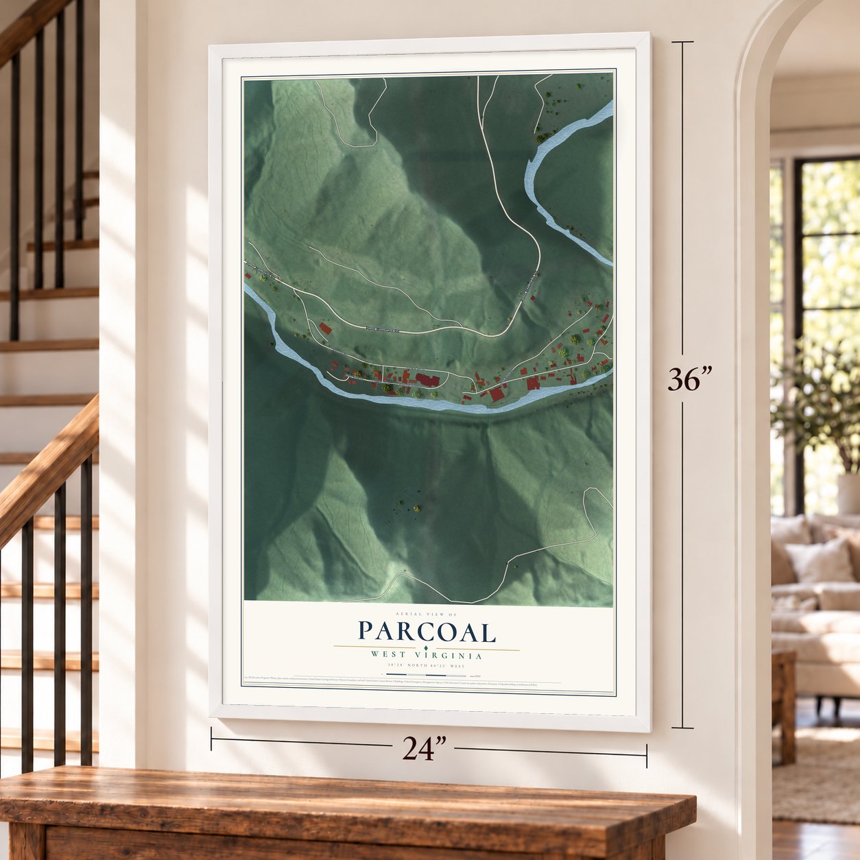 Parcoal, West Virginia map, 24 x 36 inch print in a white frame by a staircase