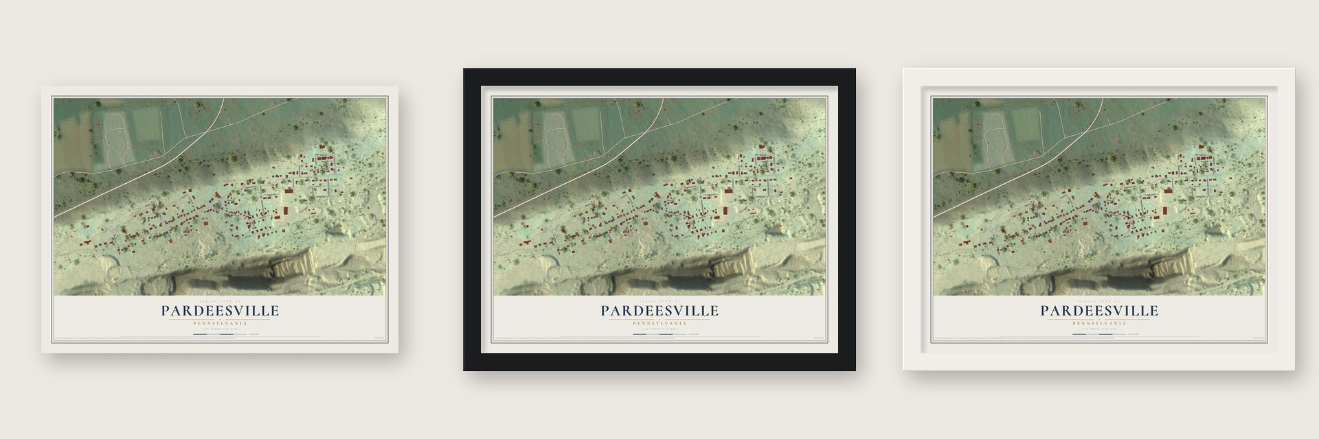 Pardeesville, Pennsylvania map unframed, in a black wood frame and in a white wood frame
