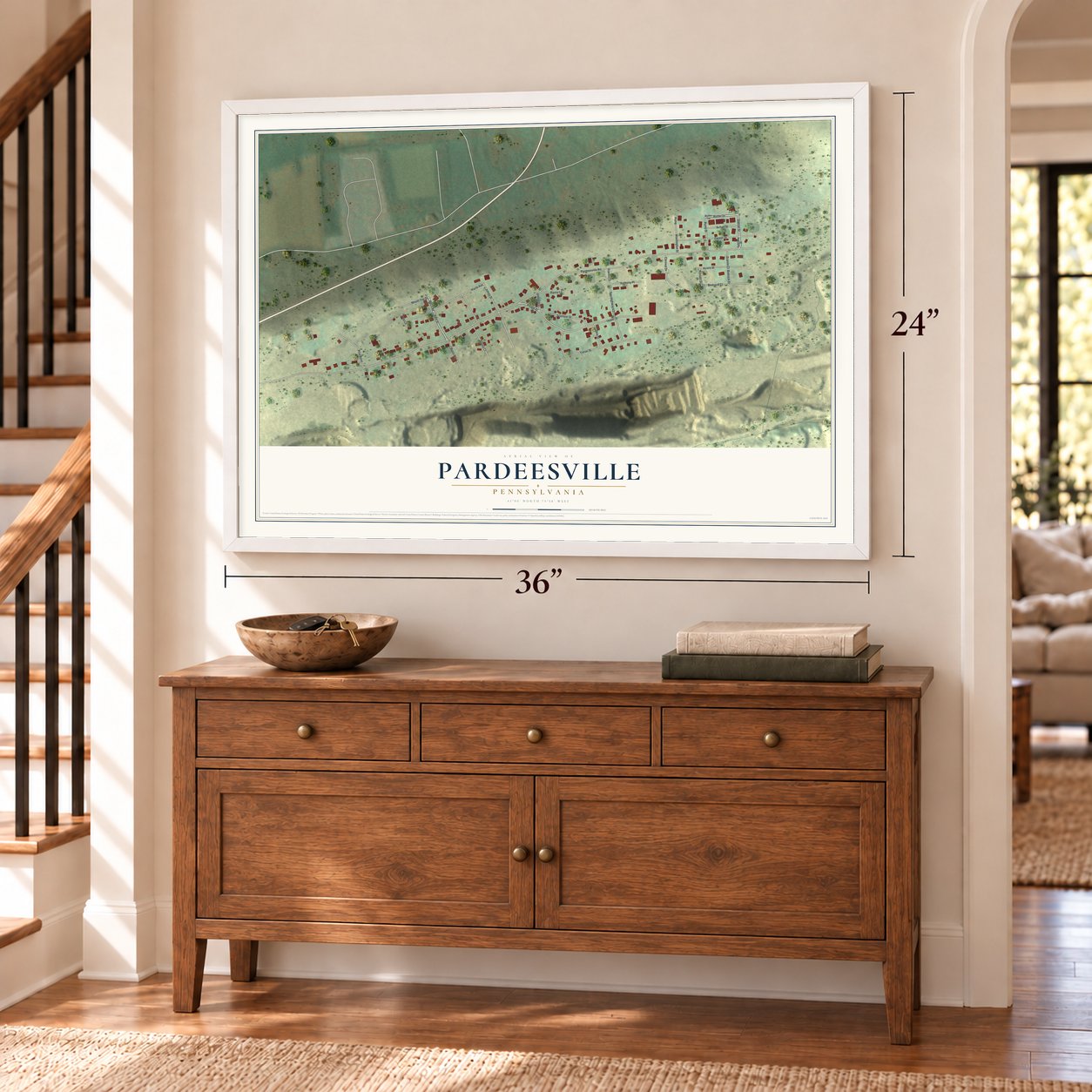 Pardeesville, Pennsylvania map, 24 x 36 inch print in a white frame above a dresser by a staircase