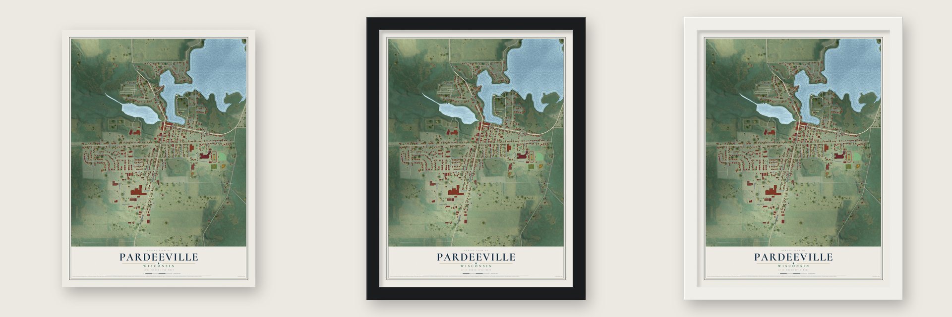 Pardeeville, Wisconsin map unframed, in a black wood frame and in a white wood frame
