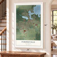 Pardeeville, Wisconsin map, 24 x 36 inch print in a white frame by a staircase
