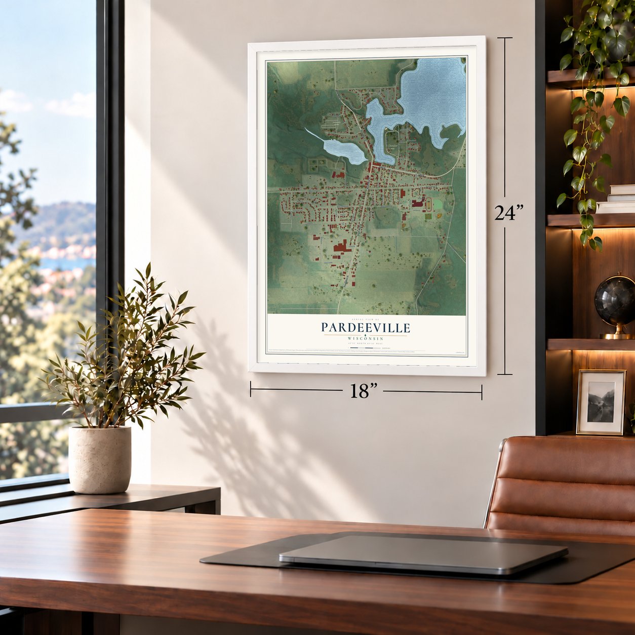 Pardeeville, Wisconsin map, 18 x 24 inch print in a white frame in a home office