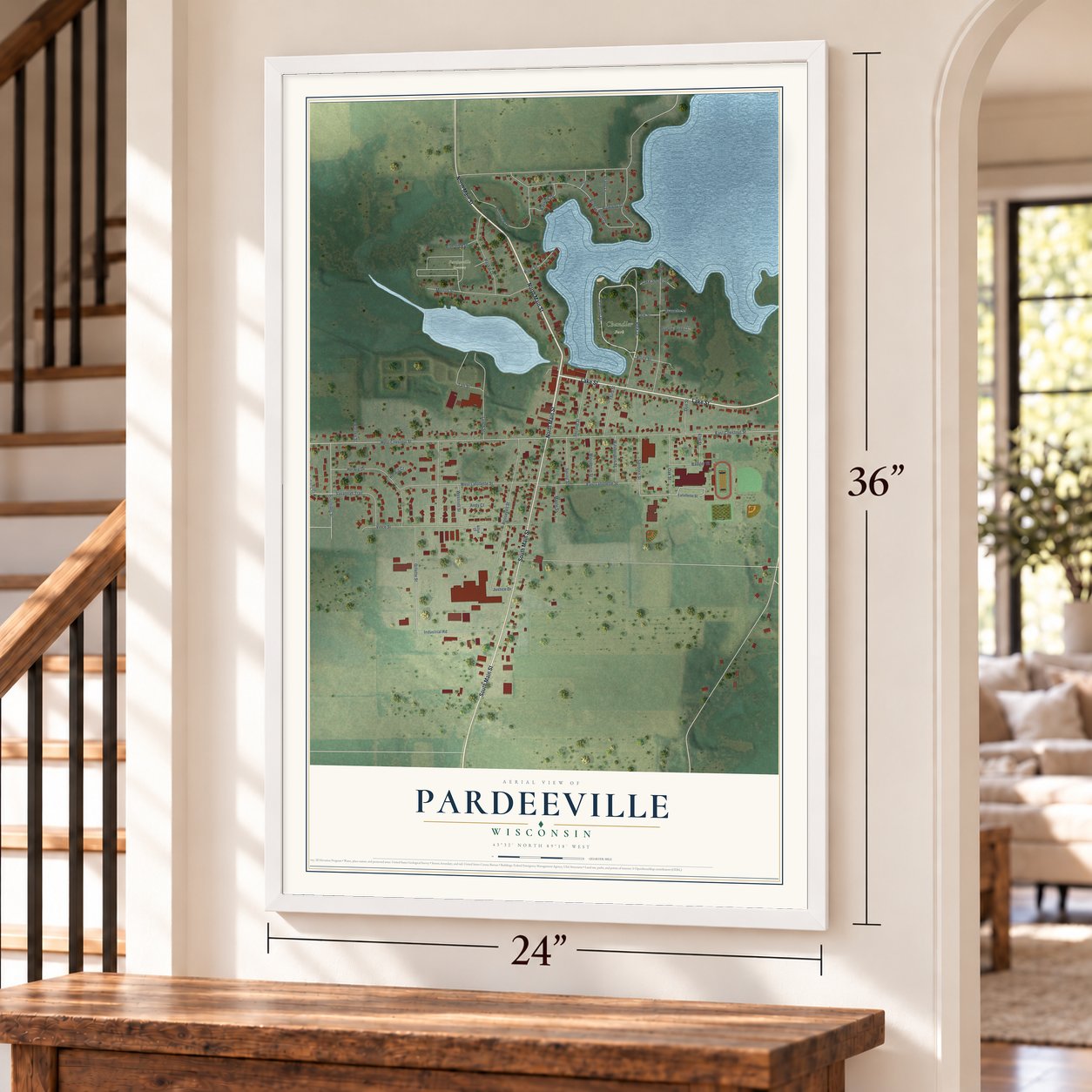 Pardeeville, Wisconsin map, 24 x 36 inch print in a white frame by a staircase