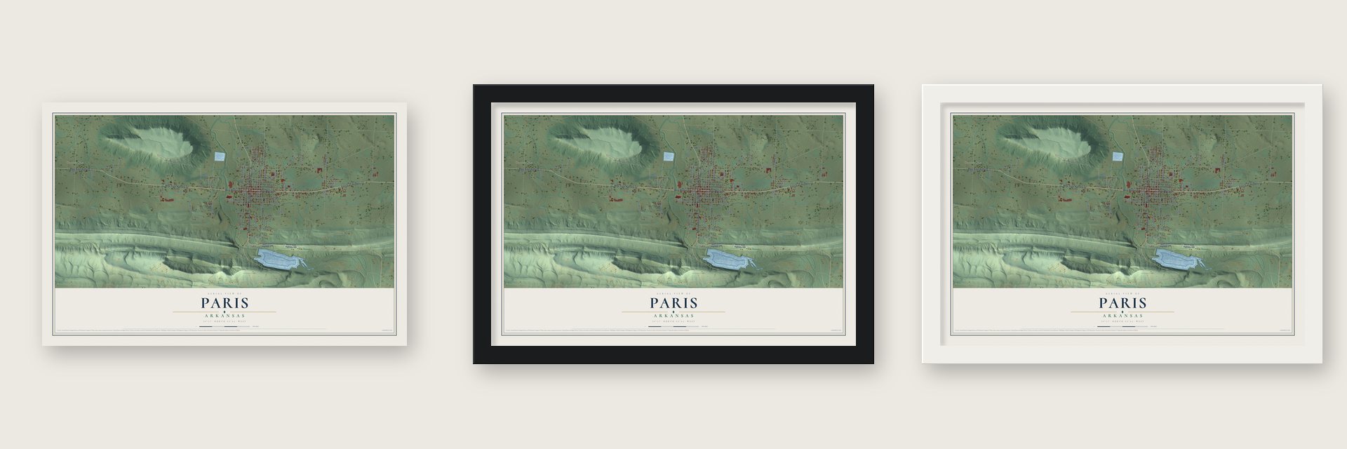 Paris, Arkansas map unframed, in a black wood frame and in a white wood frame