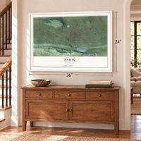 Paris, Arkansas map, 24 x 36 inch print in a white frame above a dresser by a staircase