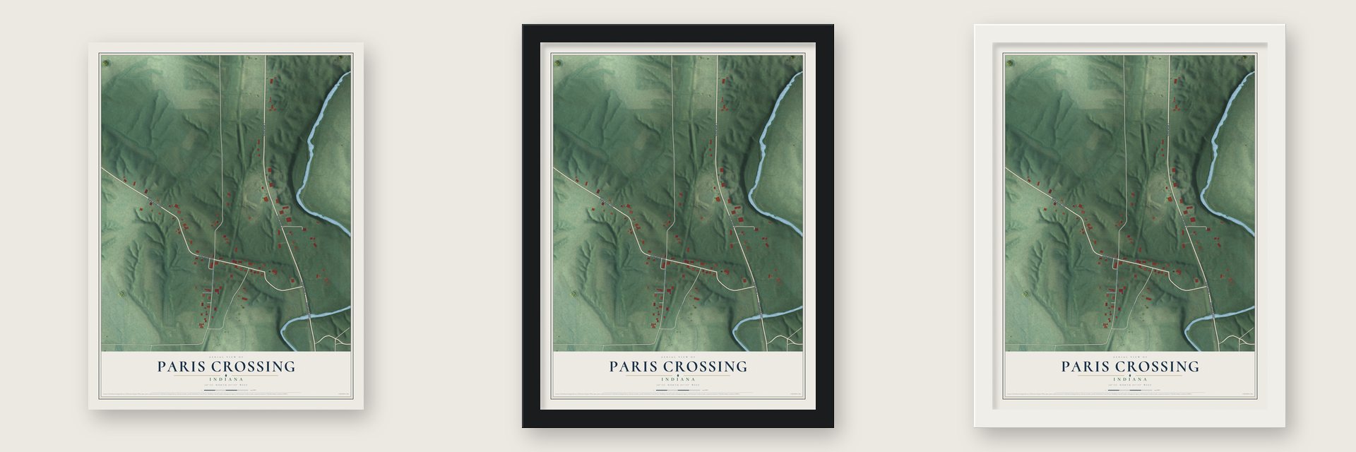 Paris Crossing, Indiana map unframed, in a black wood frame and in a white wood frame