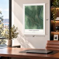 Paris Crossing, Indiana map, 18 x 24 inch print in a white frame in a home office