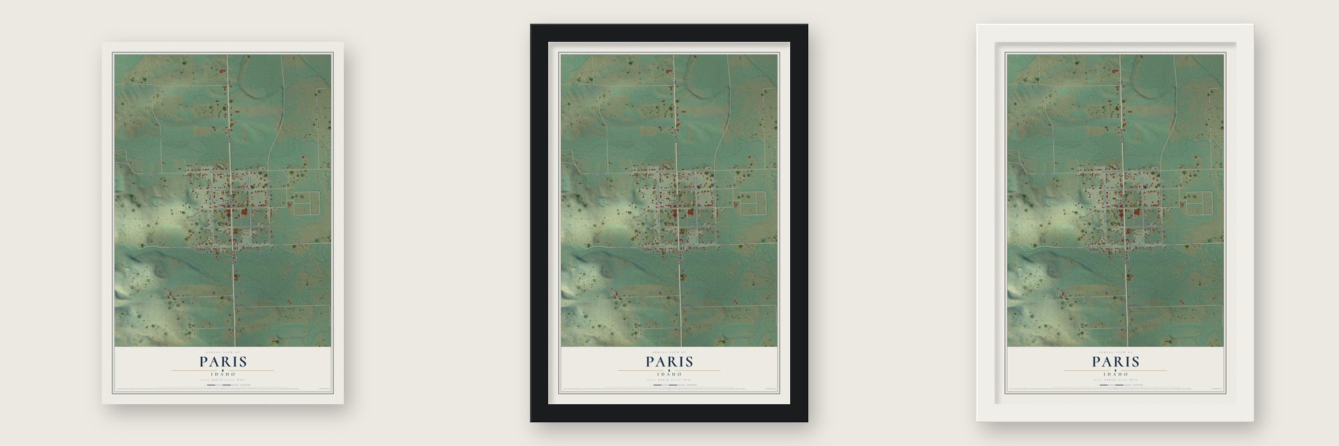 Paris, Idaho map unframed, in a black wood frame and in a white wood frame