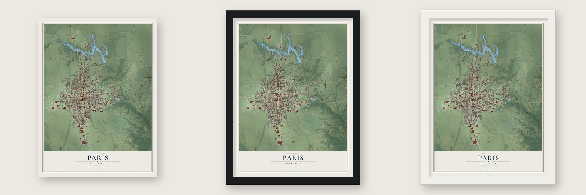 Paris, Illinois map unframed, in a black wood frame and in a white wood frame