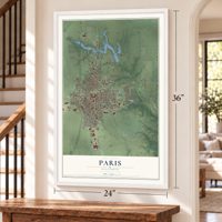 Paris, Illinois map, 24 x 36 inch print in a white frame by a staircase