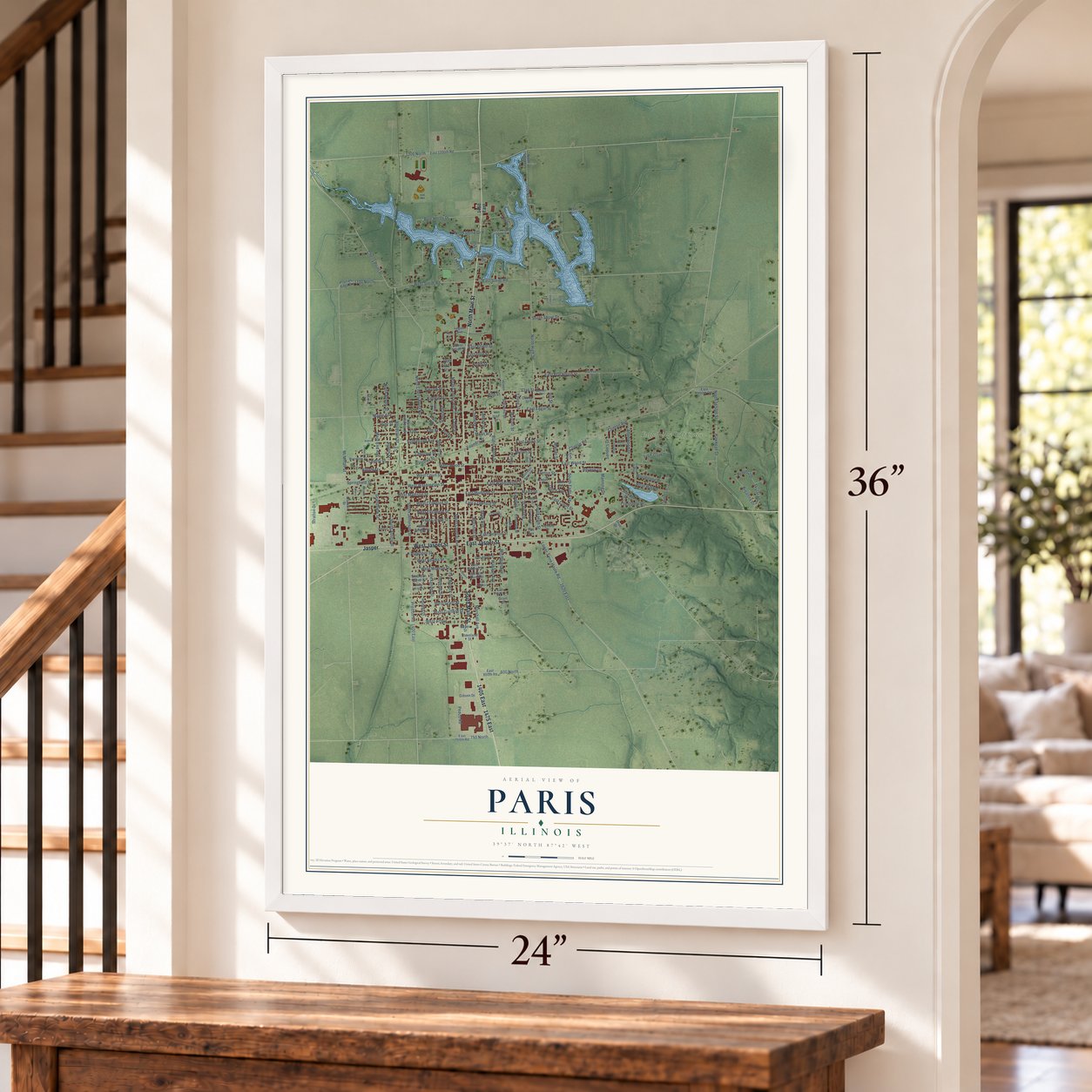 Paris, Illinois map, 24 x 36 inch print in a white frame by a staircase