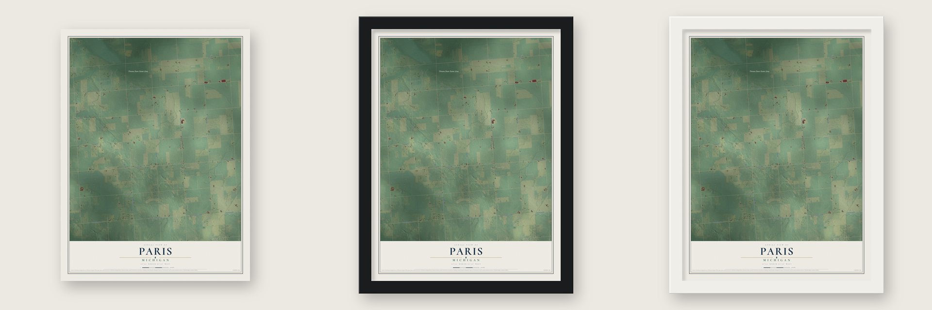 Paris, Michigan map unframed, in a black wood frame and in a white wood frame