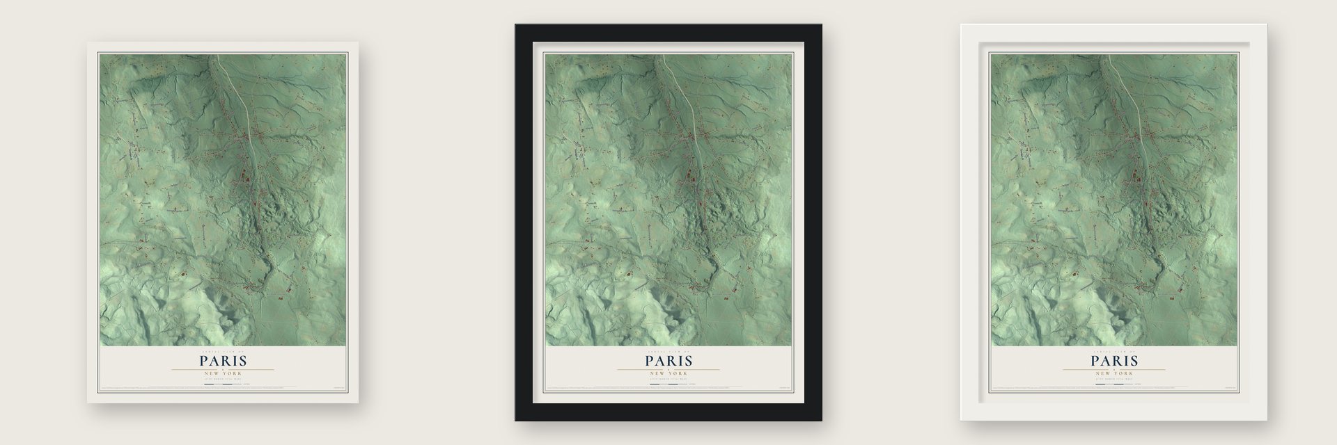 Paris, New York map unframed, in a black wood frame and in a white wood frame