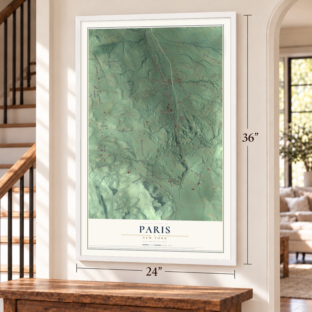 Paris, New York map, 24 x 36 inch print in a white frame by a staircase