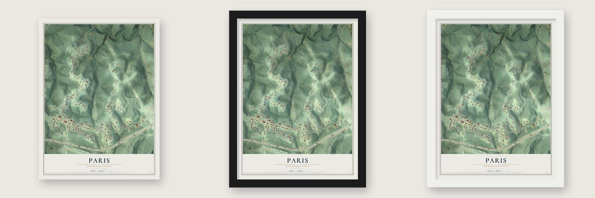 Paris, Pennsylvania map unframed, in a black wood frame and in a white wood frame