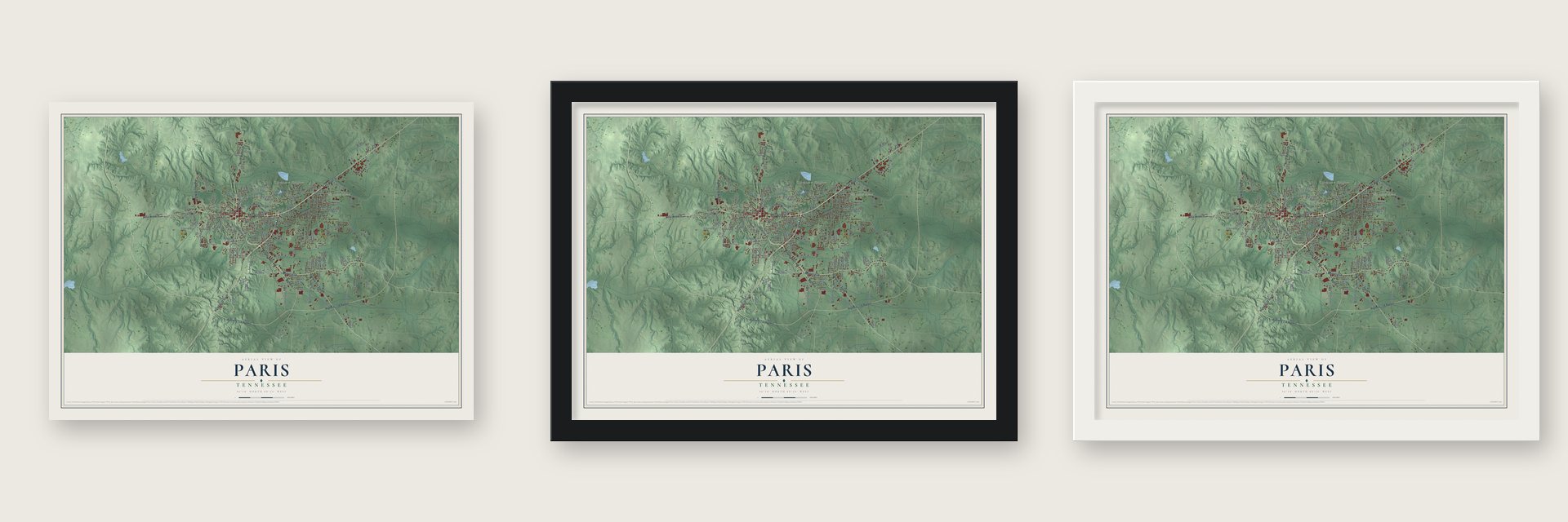 Paris, Tennessee map unframed, in a black wood frame and in a white wood frame