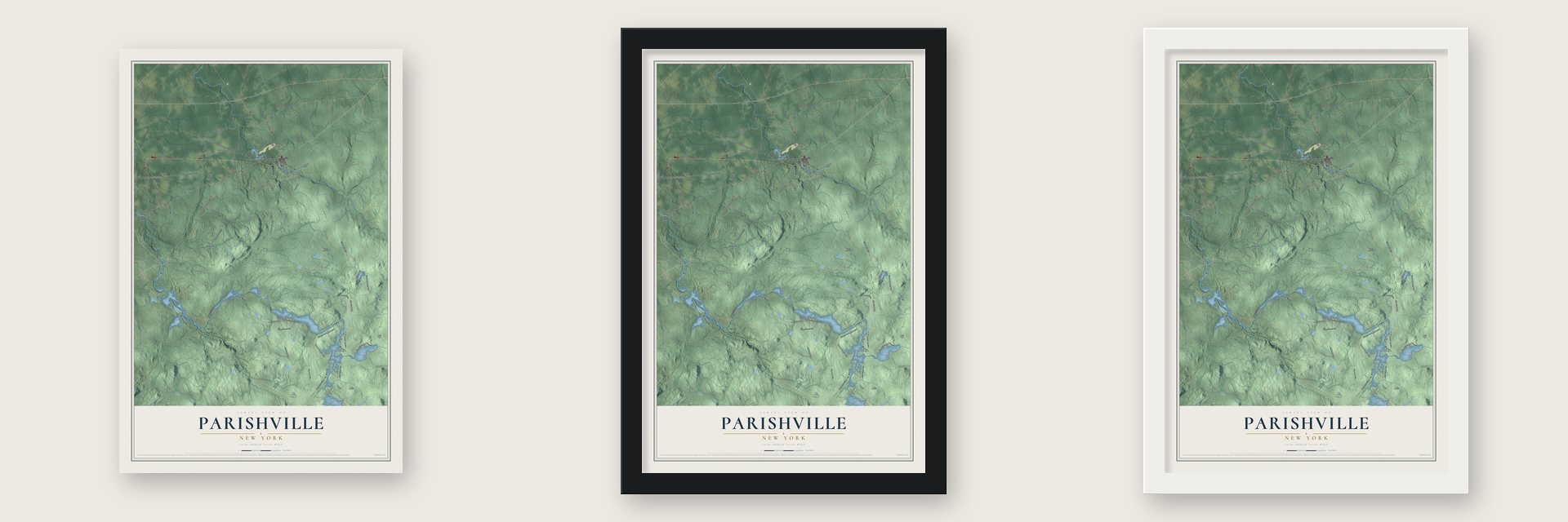 Parishville, New York map unframed, in a black wood frame and in a white wood frame
