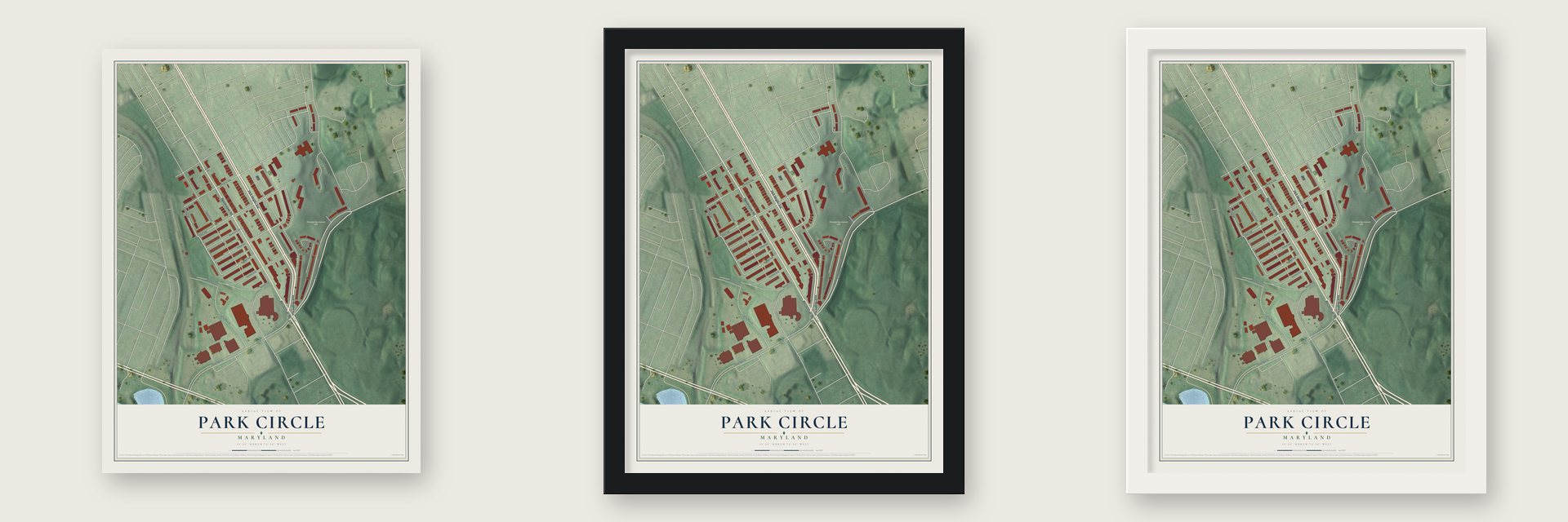Park Circle, Maryland map unframed, in a black wood frame and in a white wood frame