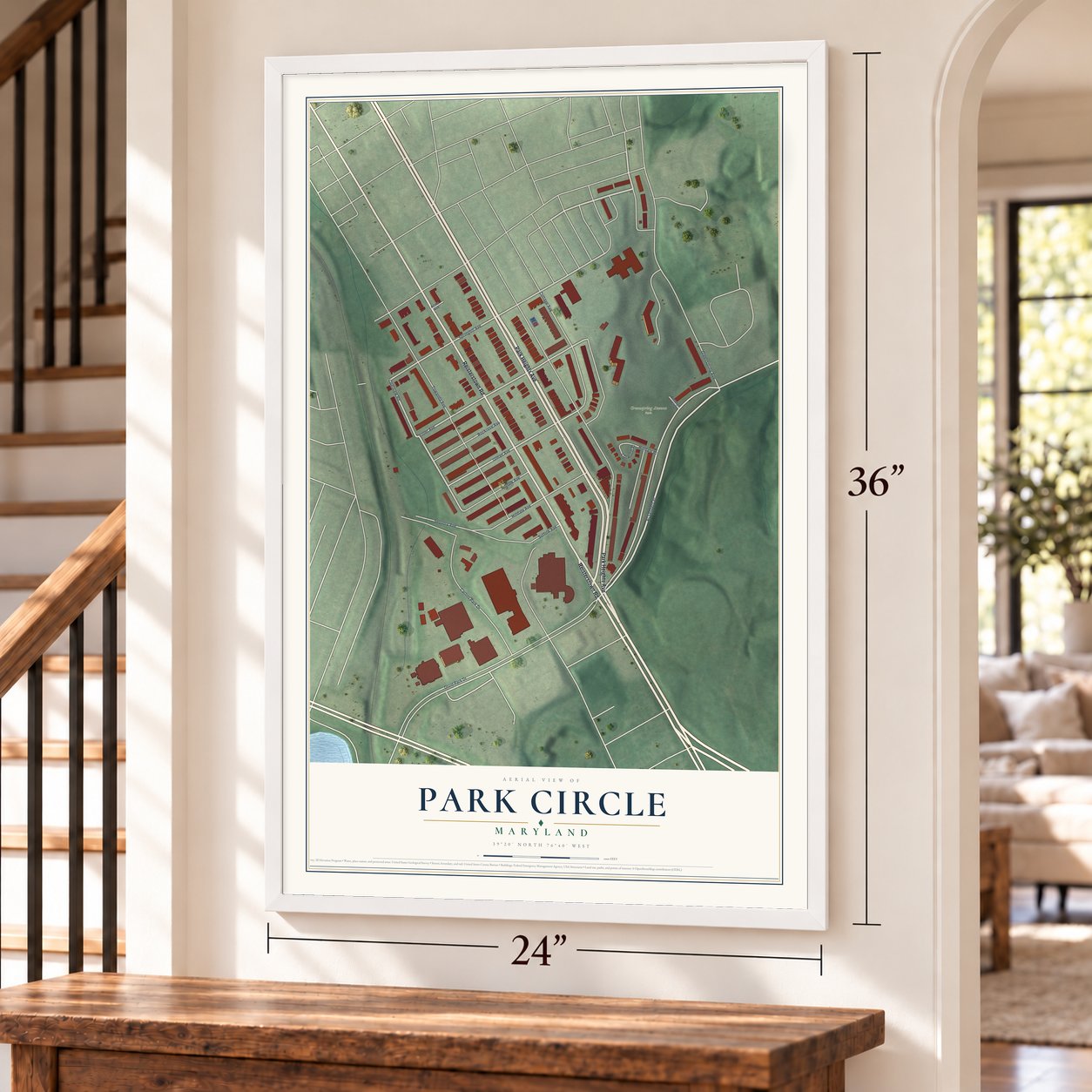 Park Circle, Maryland map, 24 x 36 inch print in a white frame by a staircase