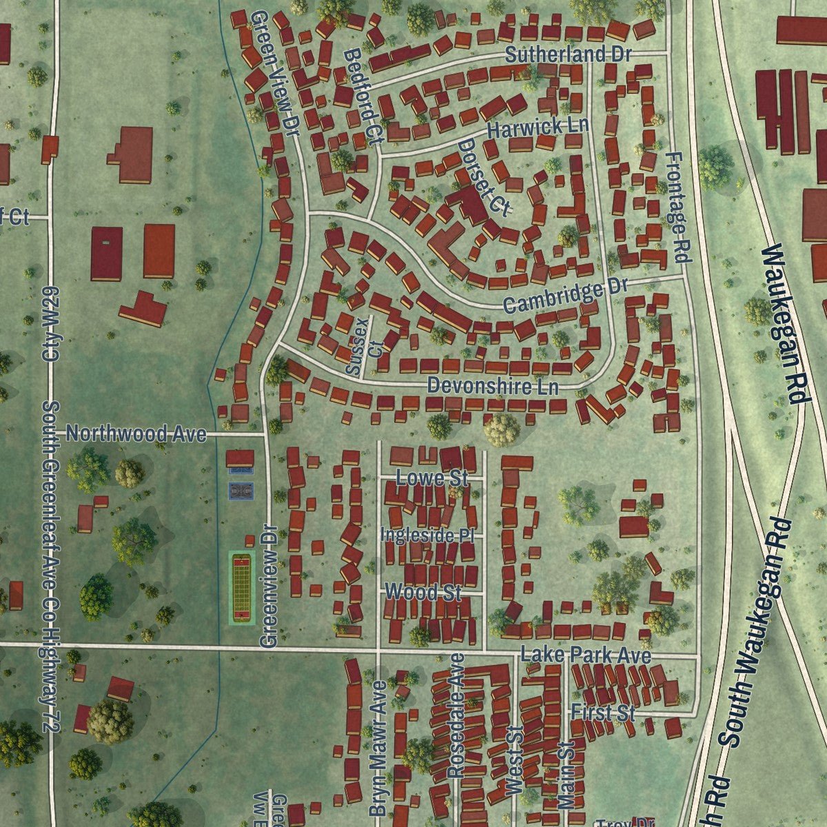 Second close-up of the map of Park City, Illinois print showing more streets and buildings