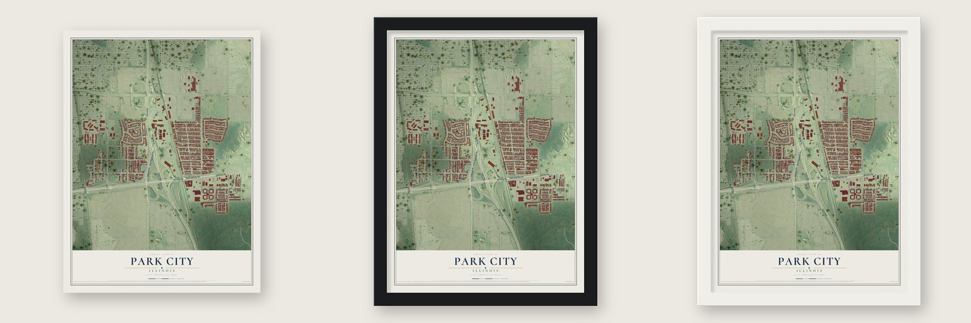 Park City, Illinois map unframed, in a black wood frame and in a white wood frame