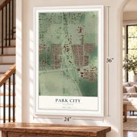 Park City, Illinois map, 24 x 36 inch print in a white frame by a staircase