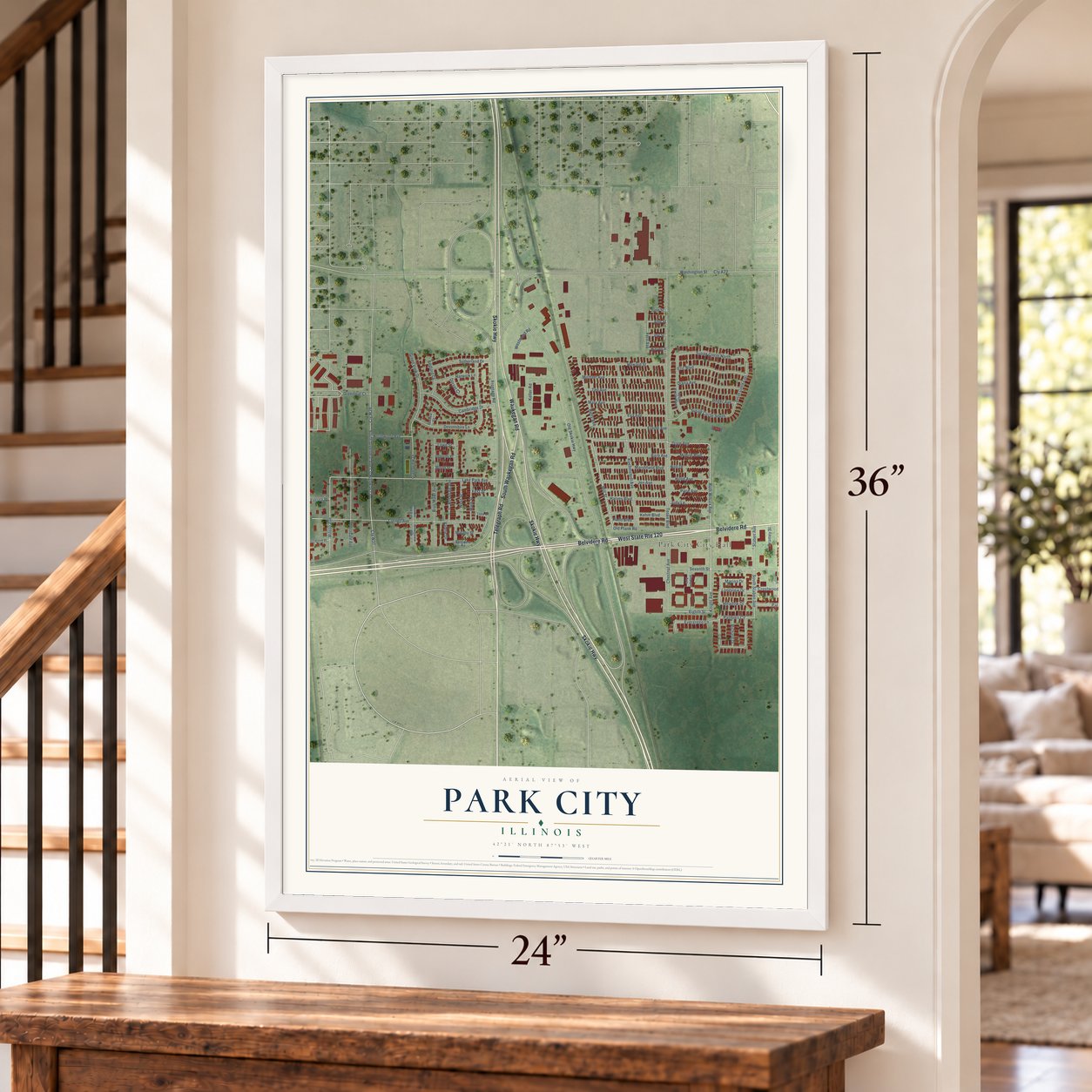 Park City, Illinois map, 24 x 36 inch print in a white frame by a staircase