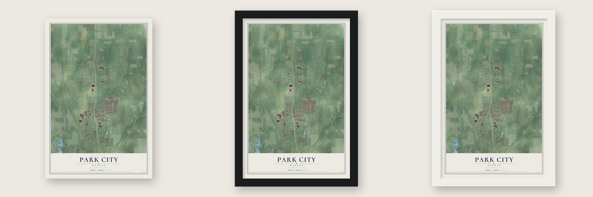 Park City, Kansas map unframed, in a black wood frame and in a white wood frame