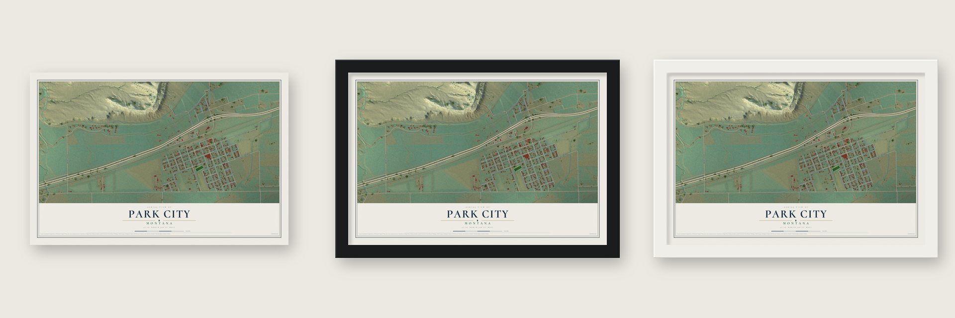 Park City, Montana map unframed, in a black wood frame and in a white wood frame
