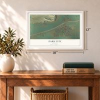 Park City, Montana map, 12 x 18 inch print in a white frame in an entryway