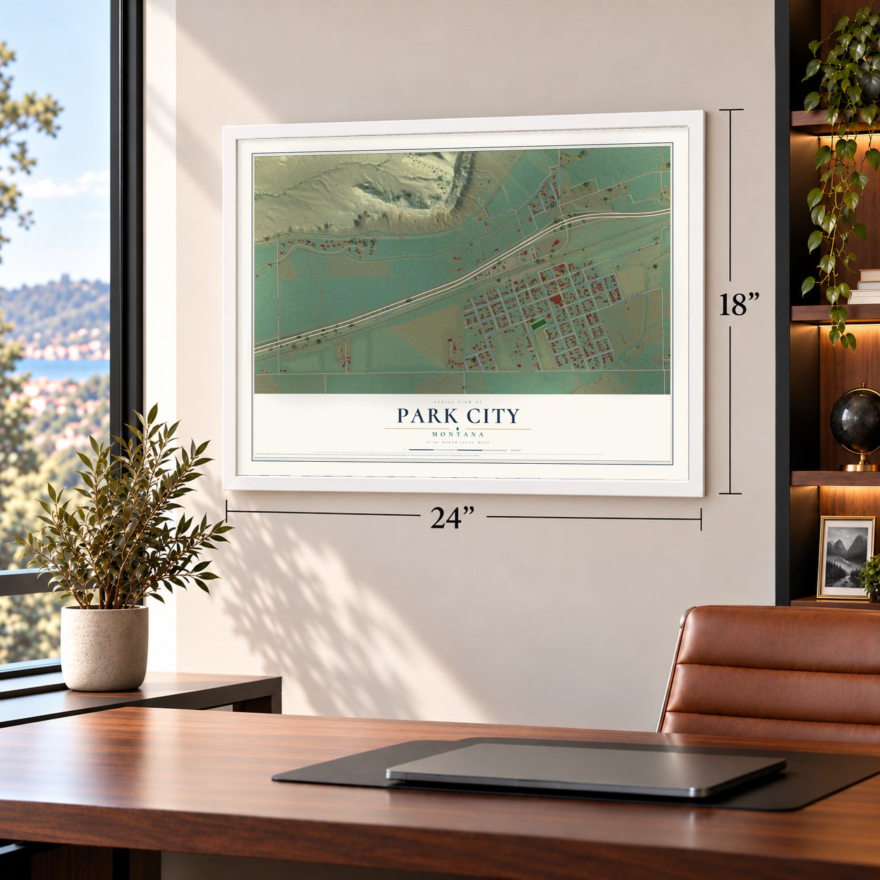 Park City, Montana map, 18 x 24 inch print in a white frame in a home office
