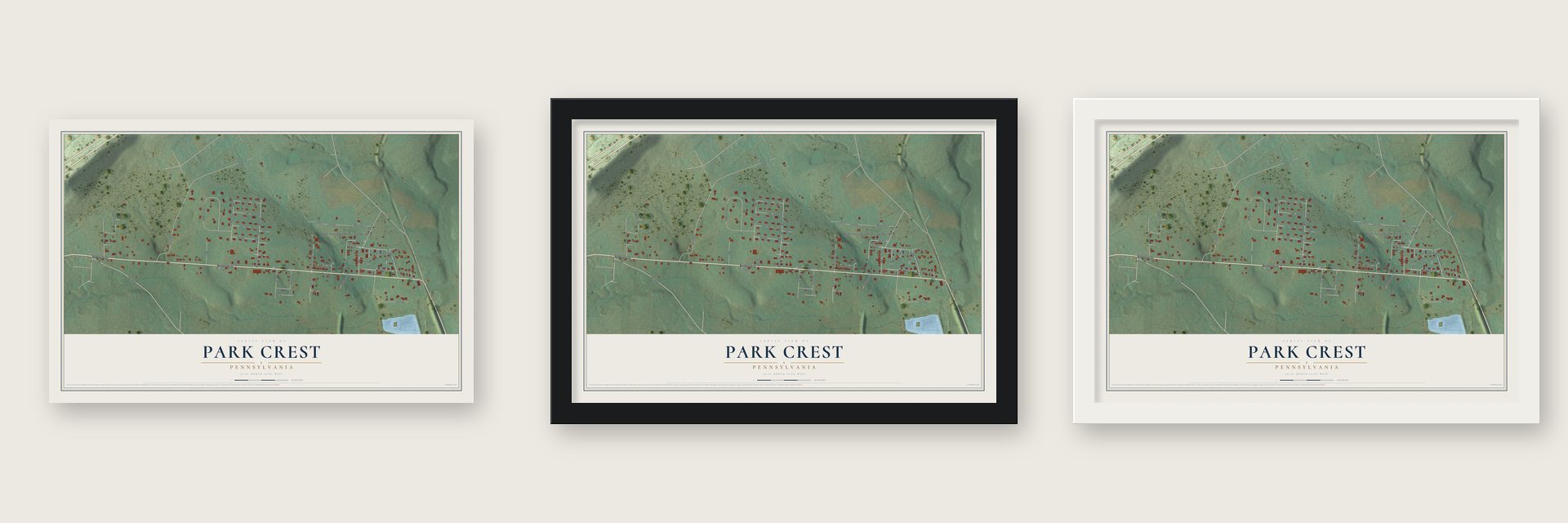 Park Crest, Pennsylvania map unframed, in a black wood frame and in a white wood frame