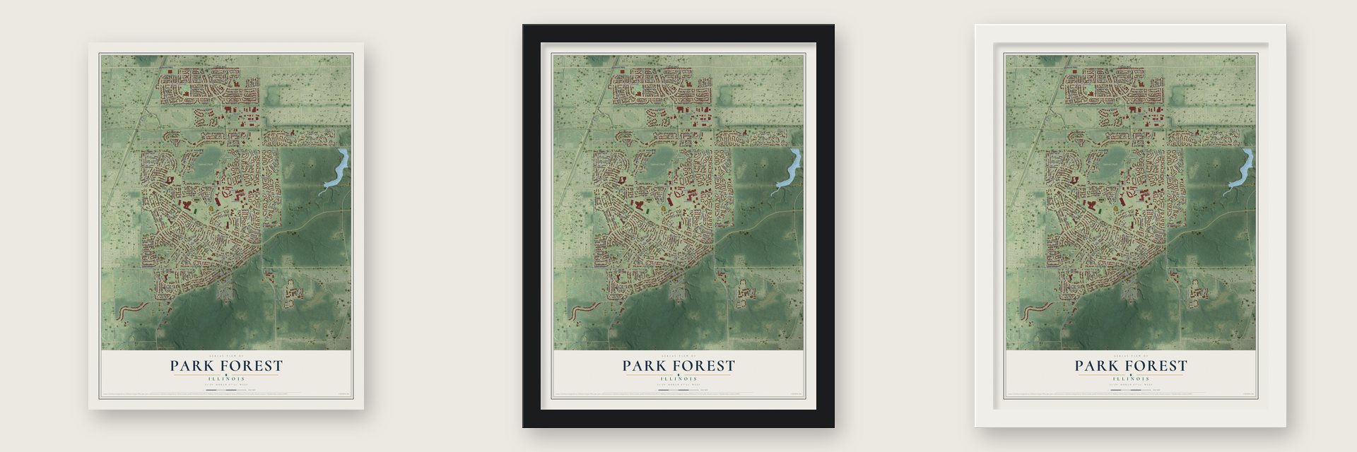Park Forest, Illinois map unframed, in a black wood frame and in a white wood frame