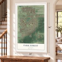 Park Forest, Illinois map, 24 x 36 inch print in a white frame by a staircase