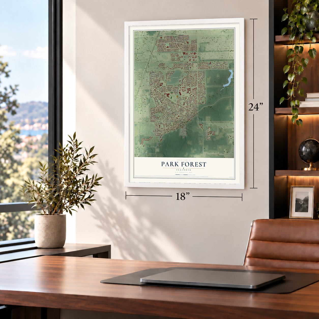 Park Forest, Illinois map, 18 x 24 inch print in a white frame in a home office