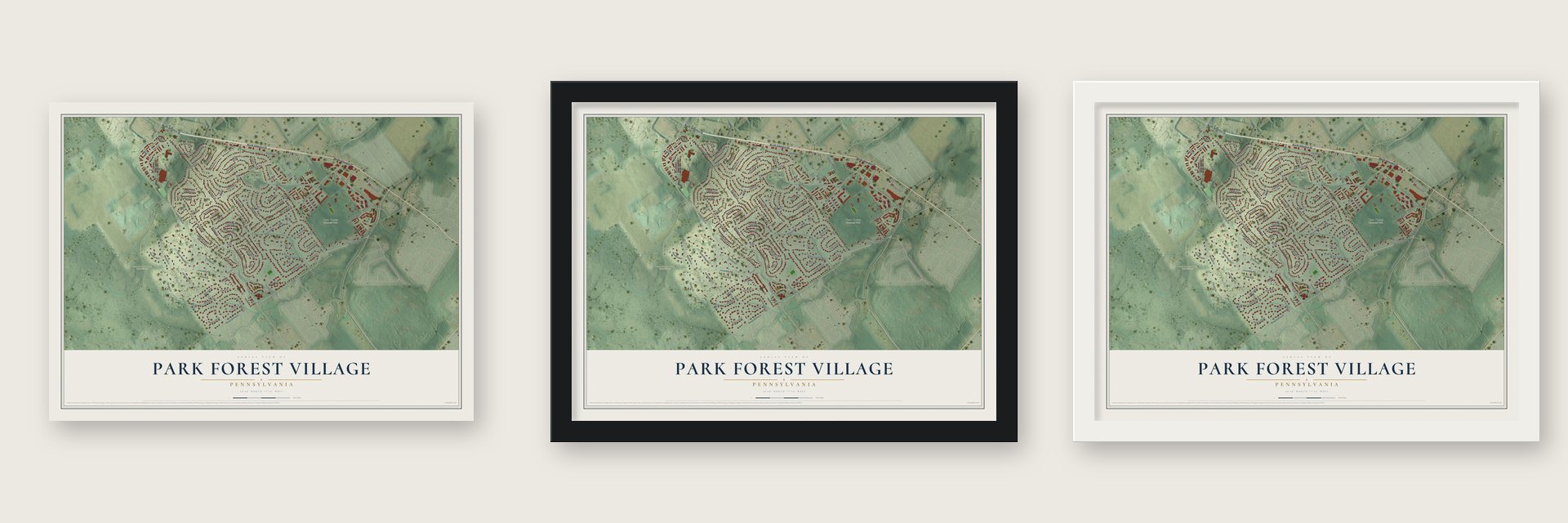 Park Forest Village, Pennsylvania map unframed, in a black wood frame and in a white wood frame