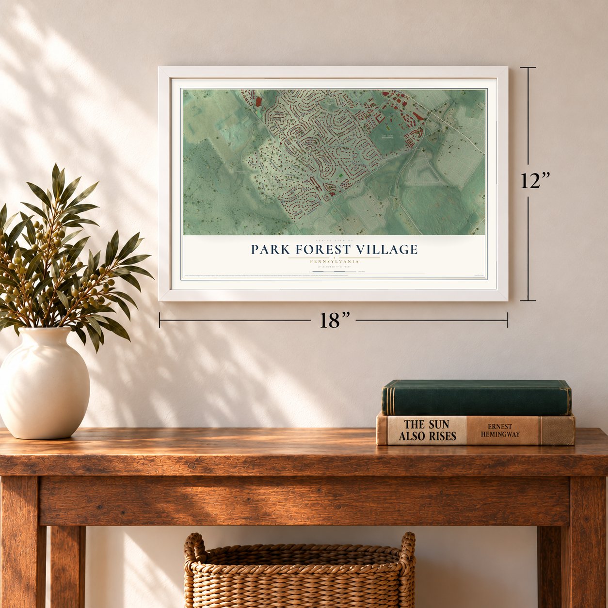 Park Forest Village, Pennsylvania map, 12 x 18 inch print in a white frame in an entryway
