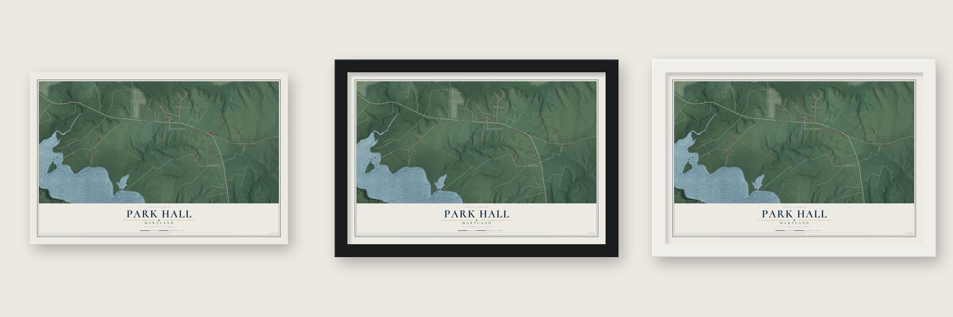 Park Hall, Maryland map unframed, in a black wood frame and in a white wood frame