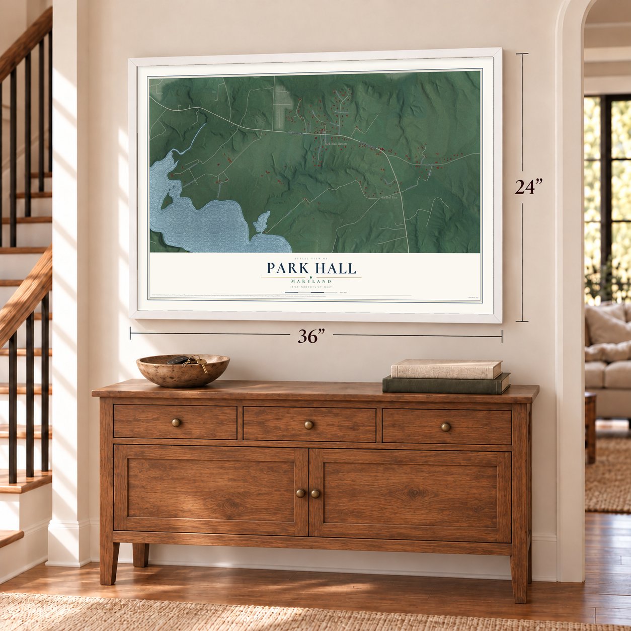 Park Hall, Maryland map, 24 x 36 inch print in a white frame above a dresser by a staircase