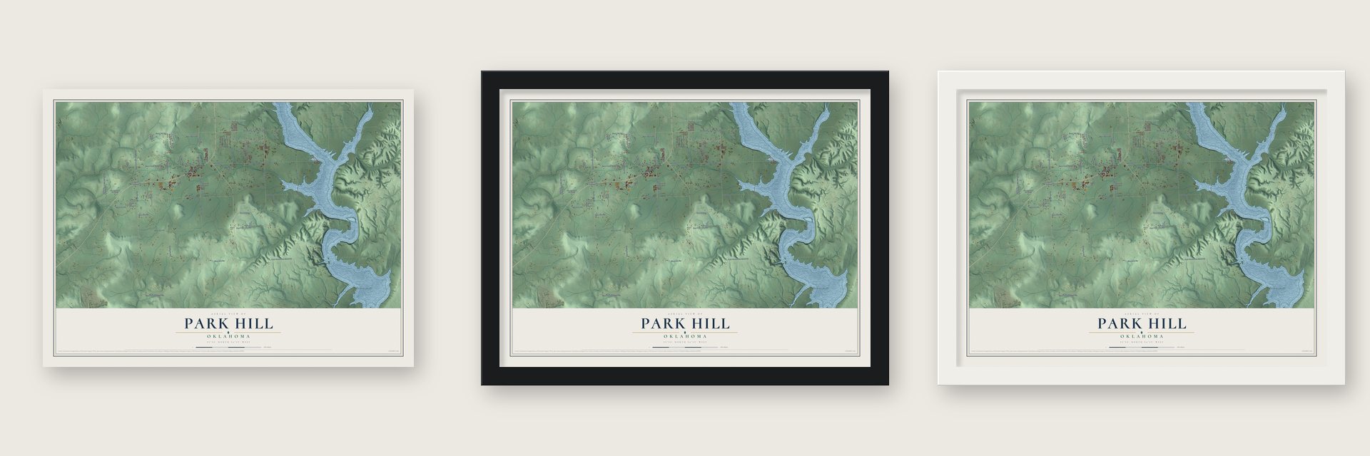 Park Hill, Oklahoma map unframed, in a black wood frame and in a white wood frame