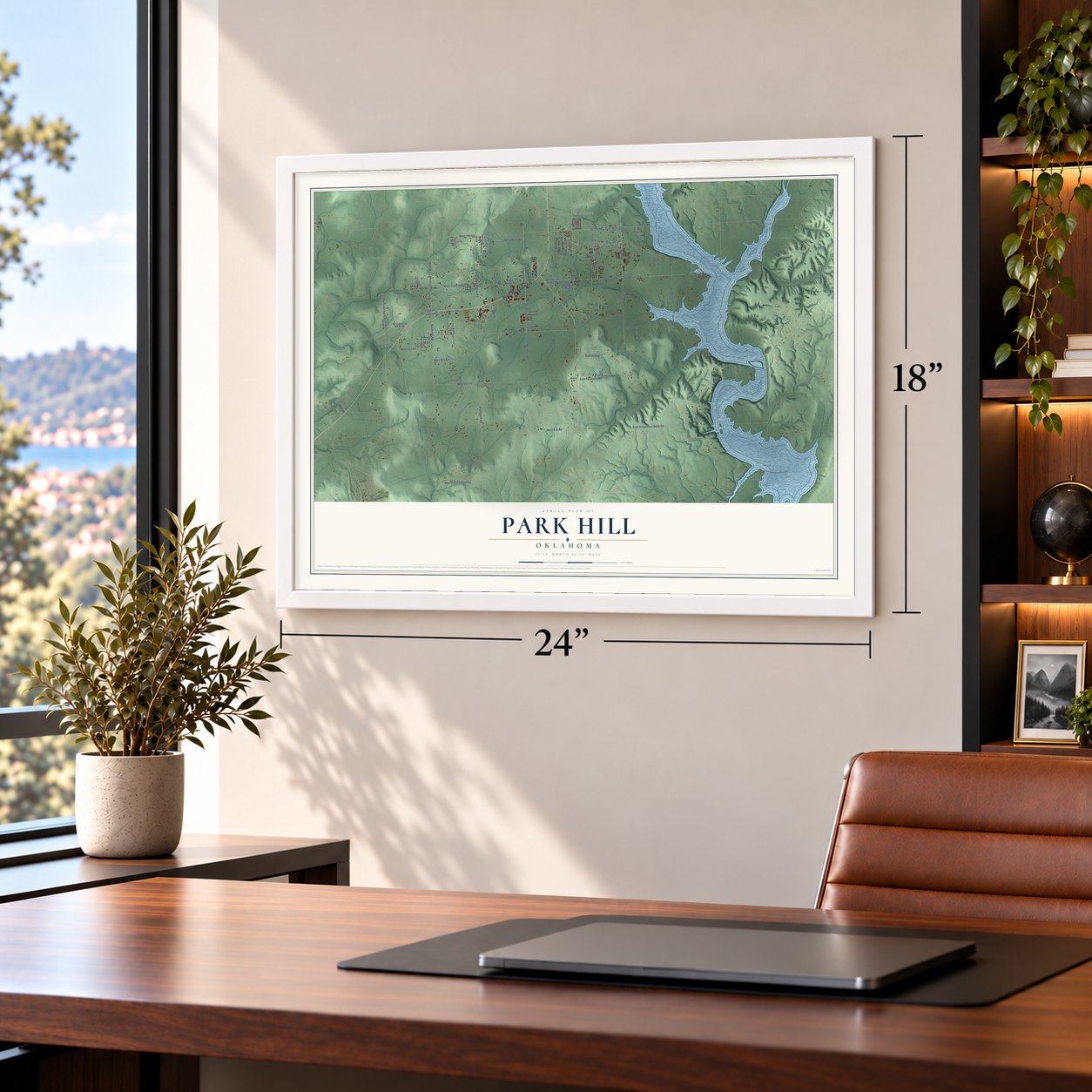 Park Hill, Oklahoma map, 18 x 24 inch print in a white frame in a home office