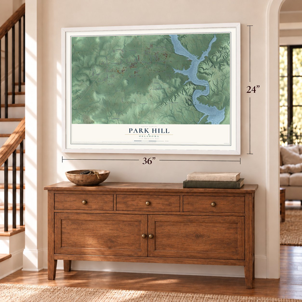 Park Hill, Oklahoma map, 24 x 36 inch print in a white frame above a dresser by a staircase