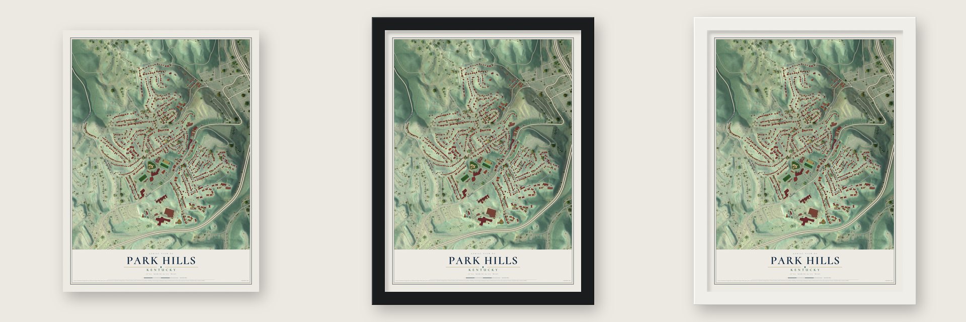 Park Hills, Kentucky map unframed, in a black wood frame and in a white wood frame