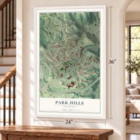 Park Hills, Kentucky map, 24 x 36 inch print in a white frame by a staircase