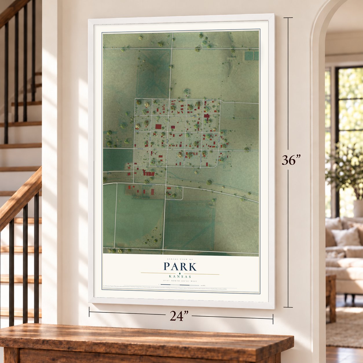 Park, Kansas map, 24 x 36 inch print in a white frame by a staircase