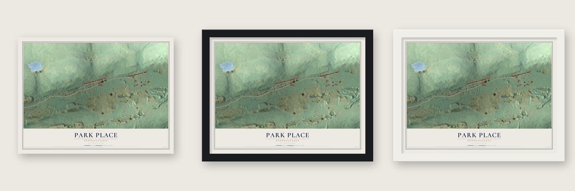 Park Place, Pennsylvania map unframed, in a black wood frame and in a white wood frame