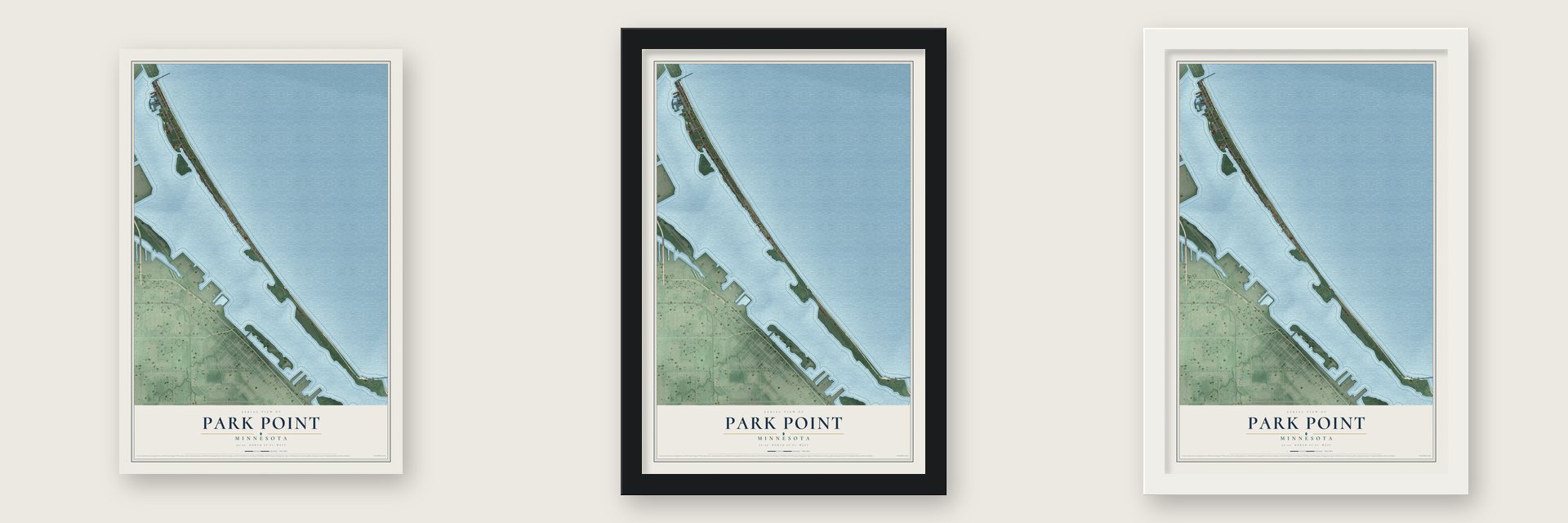 Park Point, Minnesota map unframed, in a black wood frame and in a white wood frame