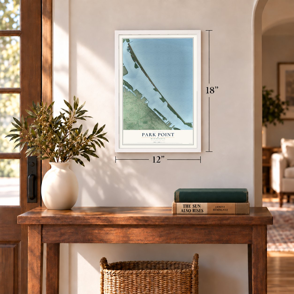 Park Point, Minnesota map, 12 x 18 inch print in a white frame in an entryway