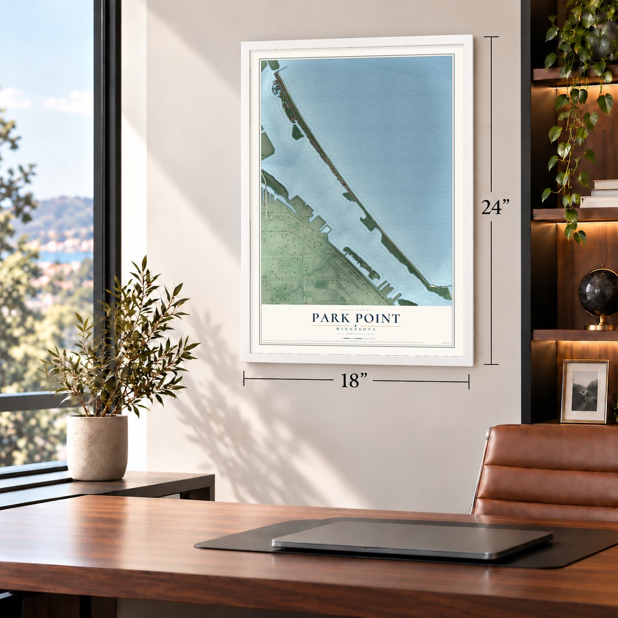 Park Point, Minnesota map, 18 x 24 inch print in a white frame in a home office